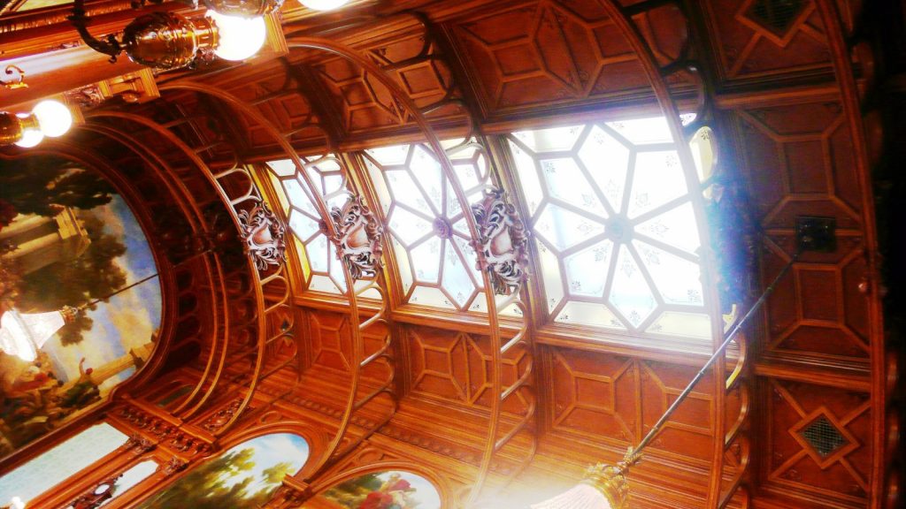 Glass ceiling and carved wood inside the Imperial Spa, Karlovy Vary