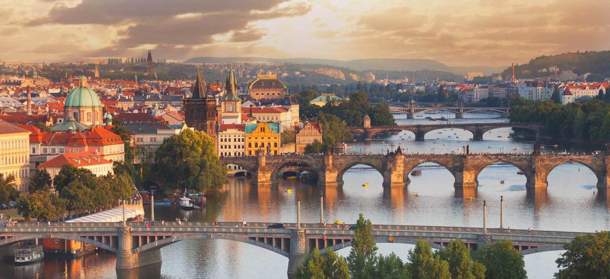 The Vltava bridges and Charles Bridge in Prague at sunset